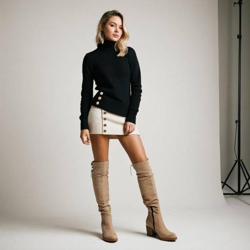 Fashion Model in Black Sweater and Beige Skirt