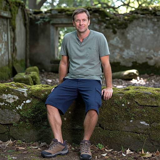 Man in Outdoor Style Amid Moss Ruins