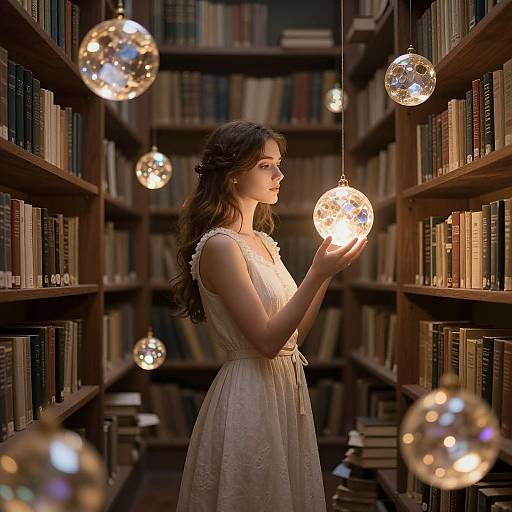 Photograph of a young woman with wavy brown hair in a white, sleeveless lace dress, holding a glowing orb, standing in a dimly