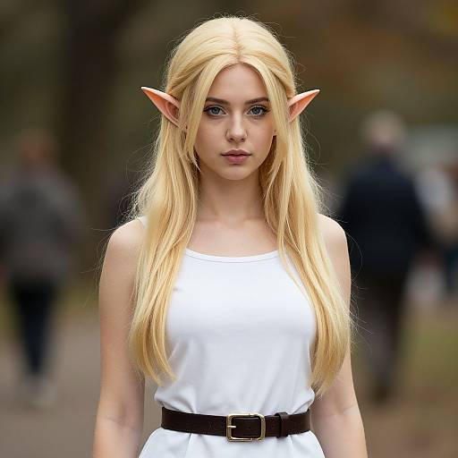 Photorealistic digital artwork of a young, blonde elf woman with pointed ears, wearing a white sleeveless dress and black belt, standing in a blurred