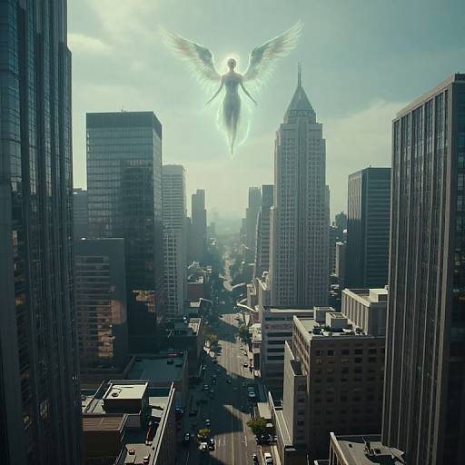 Digital artwork of a glowing angel with wings and halo, hovering above a sunlit urban cityscape with tall skyscrapers.