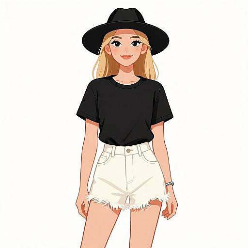 Digital anime-style drawing of a blonde woman with a black hat, black t-shirt, and white frayed high-waist shorts, standing against a