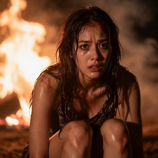 Terrified Woman Crouching Near Fire