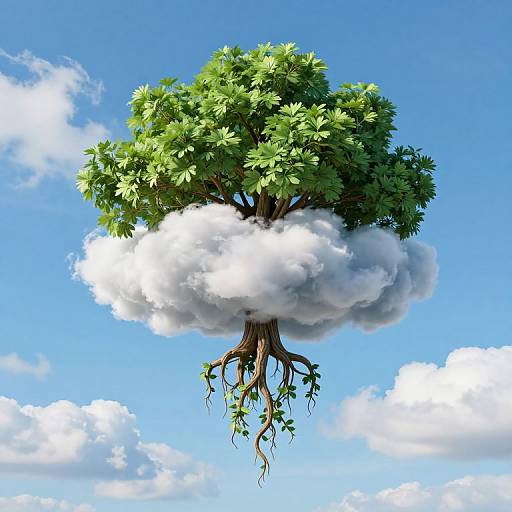 Digital illustration of a lush green tree with visible roots, floating on a white fluffy cloud against a bright blue sky.