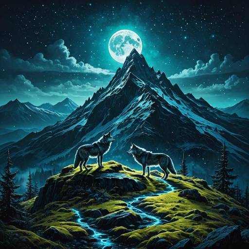 Enchanted Mountain Summit with Wolves and Bioluminescent Moss