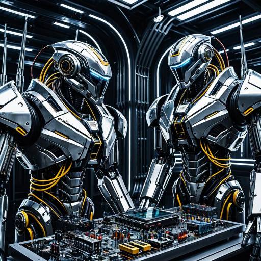 Futuristic Chrome Robots Analyzing Circuit Board