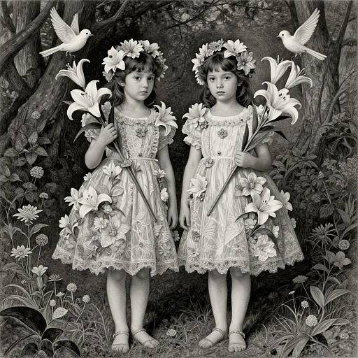 Black-and-white photograph of two young girls in floral dresses and crowns, holding lilies, surrounded by birds and forest foliage.