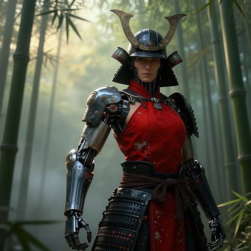 Digital artwork of a fierce female samurai with metallic armor, red kimono, and horned helmet, standing in a misty bamboo forest.
