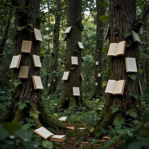 Photograph of a mystical forest with open books magically floating and attached to tall, moss-covered trees, surrounded by dense green foliage.