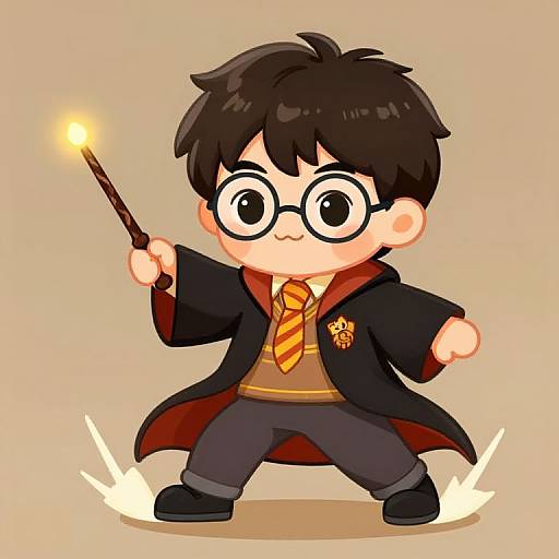 Cute digital drawing of a chibi-style boy wizard with black hair, glasses, holding a glowing wand, wearing a Hogwarts robe and striped tie,
