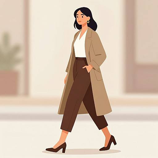 Digital illustration of a confident woman with black hair, wearing a beige coat, white blouse, brown pants, and black heels, walking.