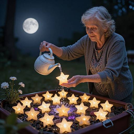 Photograph of elderly white woman with short gray hair, wearing gray cardigan, pouring tea from white teapot on glowing star-shaped lights in garden at