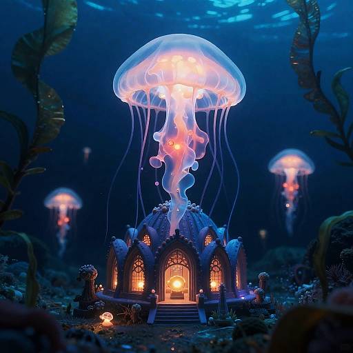 Bioluminescent Jellyfish Cathedral Underwater