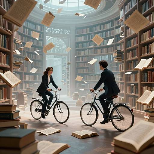 Photograph of a grand library with floating books, two professionals in black suits riding bicycles, facing each other, under a sunlit dome.