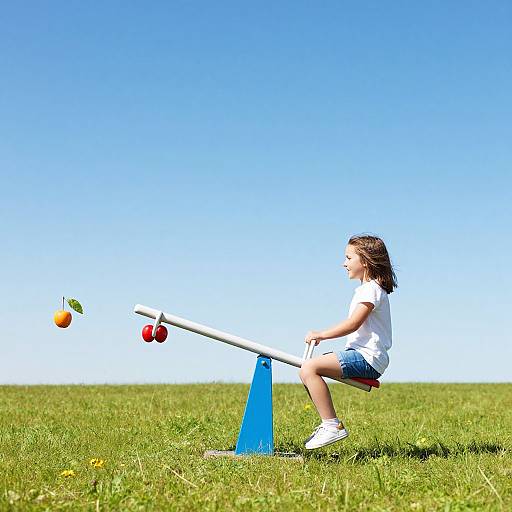 Photograph of a young girl with brown hair, wearing a white shirt and blue shorts, playing a teeter-totter on a grassy field