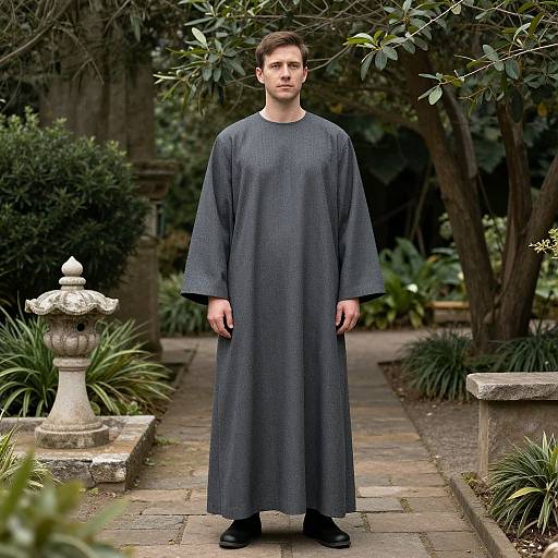 Photograph of a serious, fair-skinned man with short brown hair, wearing a long, dark gray, loose tunic, standing in a lush