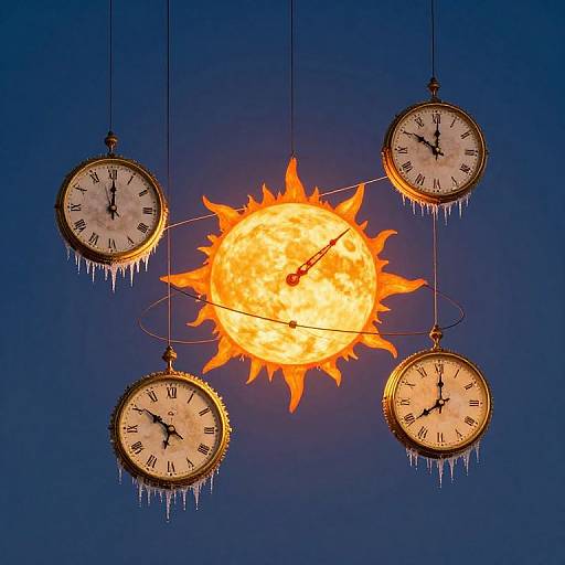 Photograph of four vintage clocks with icicles hanging, surrounding a glowing, sun-like orb against a dark blue sky.