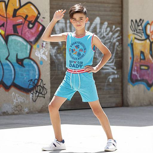 Photograph of a young boy in blue basketball uniform, standing confidently in graffiti-covered urban alley, raising his right hand. Bright sunlight highlights his determined expression