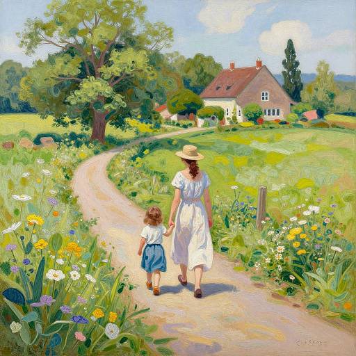 Digital painting of a woman in a white dress and straw hat, holding hands with a child, walking a sunny, flower-filled path to a charming countryside