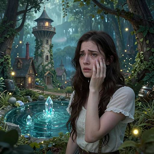 Tearful Woman in Steampunk Forest