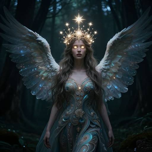 Digital artwork of a glowing, ethereal angel with long brown hair, white feathered wings, and a star-crowned headpiece, wearing a shimmer