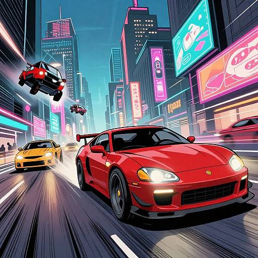 Vibrant digital artwork of a neon-lit city street at night, featuring a red Ferrari leading yellow and red cars, with flying cars and glowing