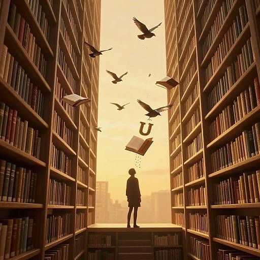 Silhouetted person in a library, surrounded by flying birds and floating books, standing at the center of towering bookshelves. Warm, golden