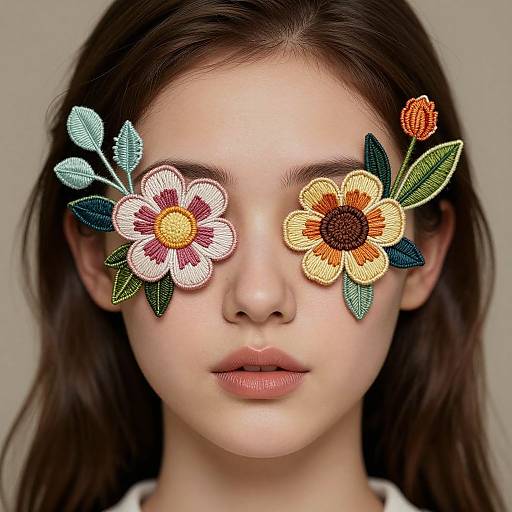 Photograph of a young woman with fair skin and brown hair, wearing colorful embroidered flower and leaf masks covering her eyes, against a neutral background.