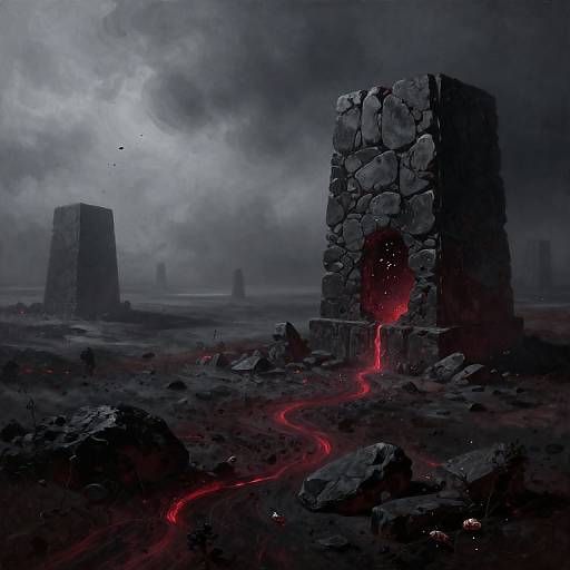 Dark, surreal digital painting of a rocky, ruined landscape with glowing red lava trickling from stone structures under a cloudy, ominous sky.