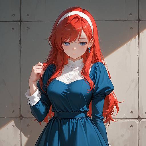 Young Woman in Blue Dress with Red Hair
