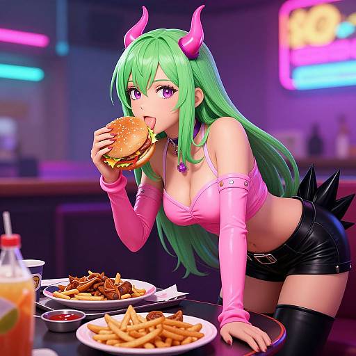 Neon Anime Duo Enjoying Burgers