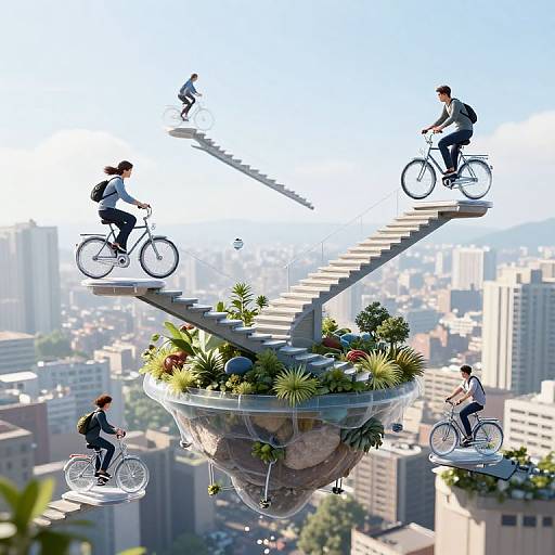 Digital illustration of six cyclists on a floating, stair-like platform with greenery, above a cityscape. Cyclists ride in various directions, showcasing dynamic