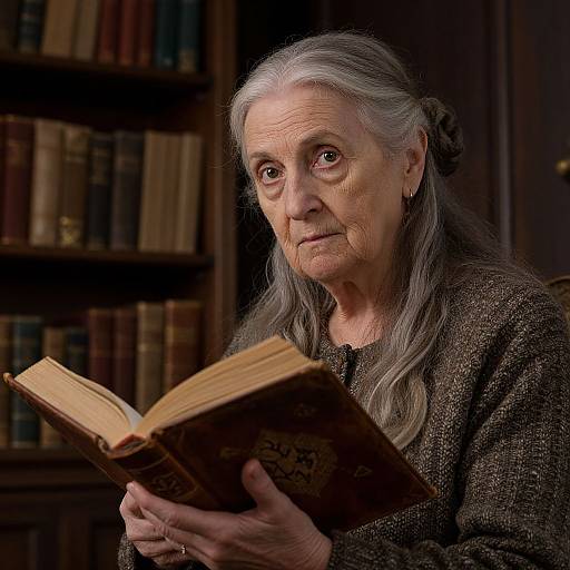 Photograph of an elderly woman with long gray hair, wearing a textured brown sweater, reading an old book in a dimly lit library with wooden book