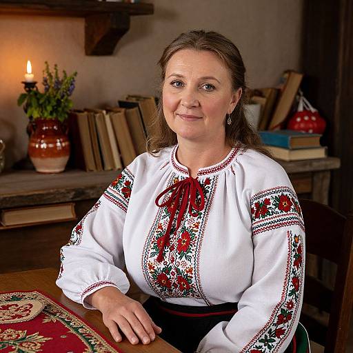 Photograph of a smiling middle-aged white woman with brown hair, wearing a white embroidered blouse, sitting in a warmly lit, rustic library with books and