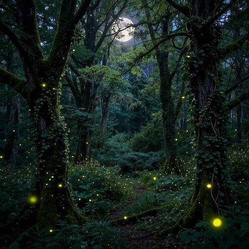 Moonlit forest scene with tall, dark trees, glowing yellow fireflies, and a bright full moon peeking through the foliage. Photorealistic photograph