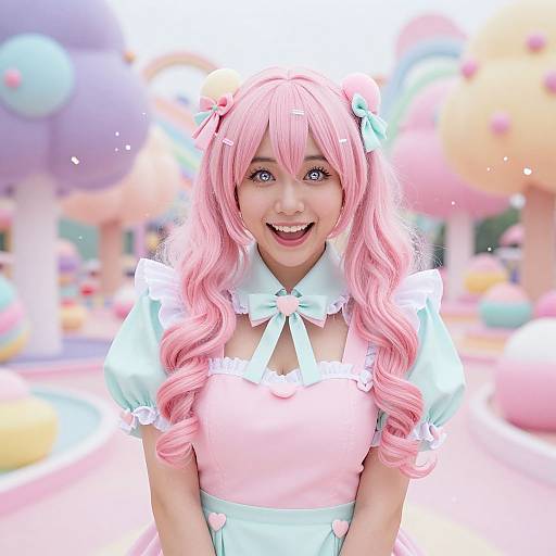 Photograph of a smiling Asian woman with long pink hair, wearing a pastel blue and pink maid outfit, in a colorful, whimsical background filled