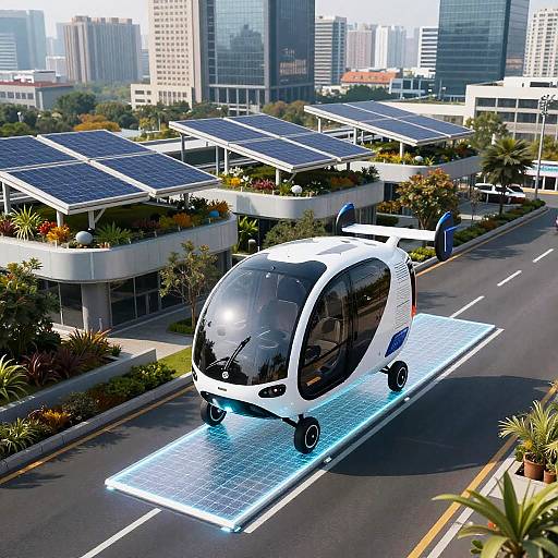 Photorealistic CGI: Self-driving, white, futuristic car with black-tinted windows on glowing blue solar road panel, urban cityscape background,