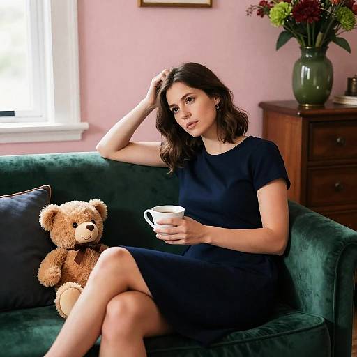Pensive Woman on Velvet Couch