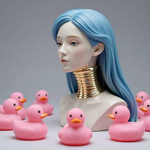 Photograph of a pale-skinned mannequin with long blue hair, wearing a gold neck collar, surrounded by pink rubber ducks.