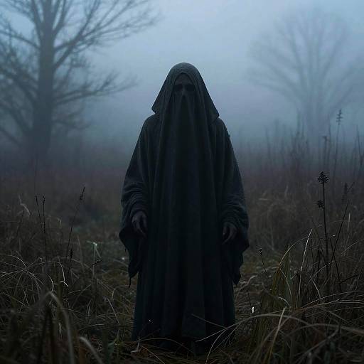 Mysterious figure in dark hooded cloak stands in foggy, eerie forest; bare trees and dry grass in the background. Photograph.