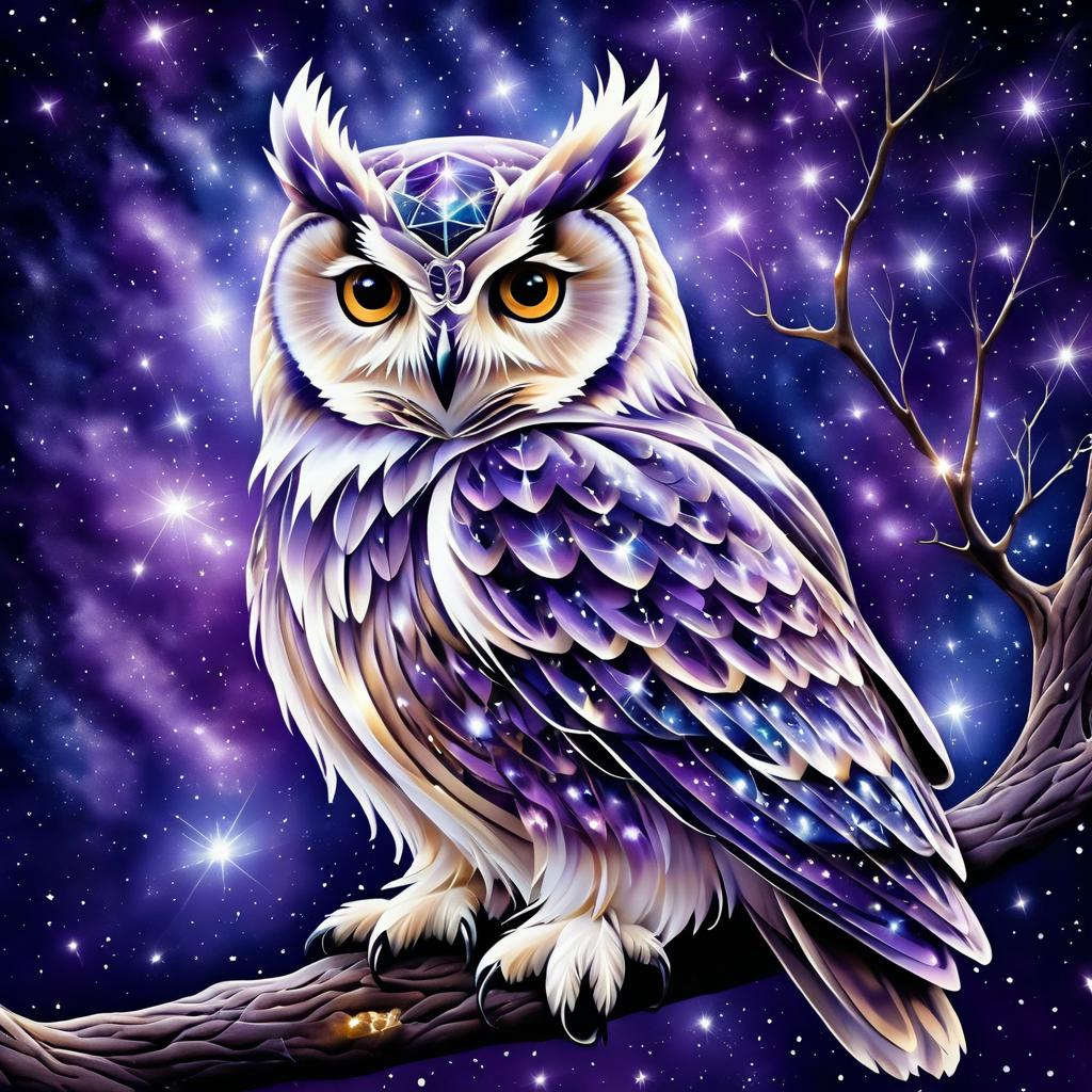 Majestic Amethyst Owl in Starry Night