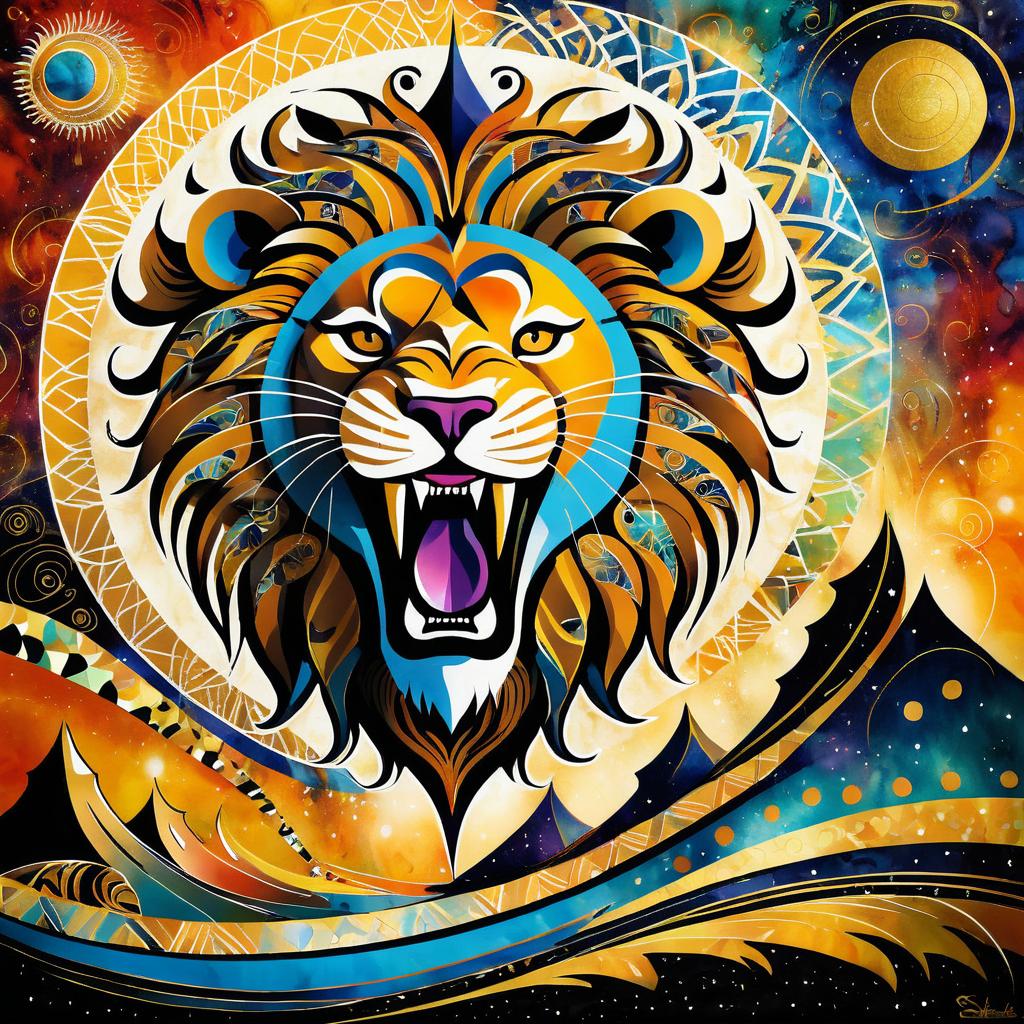 Surreal Lion's Roar with Cosmic Patterns