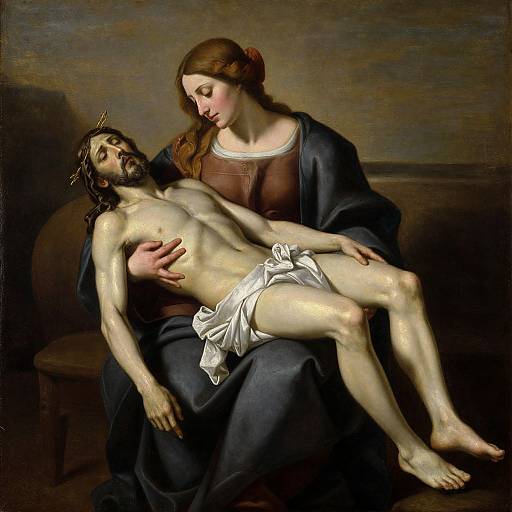 Photograph-style painting of a sorrowful woman with auburn hair and blue cloak cradling a lifeless, crucified Jesus with a crown