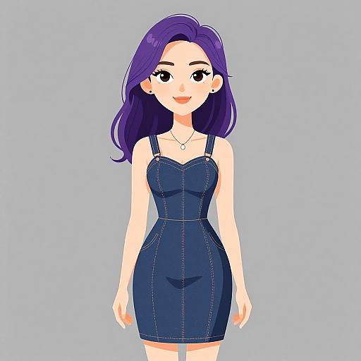 Digital anime-style drawing of a smiling woman with purple hair, wearing a form-fitting, strapless blue denim dress, against a light blue background.