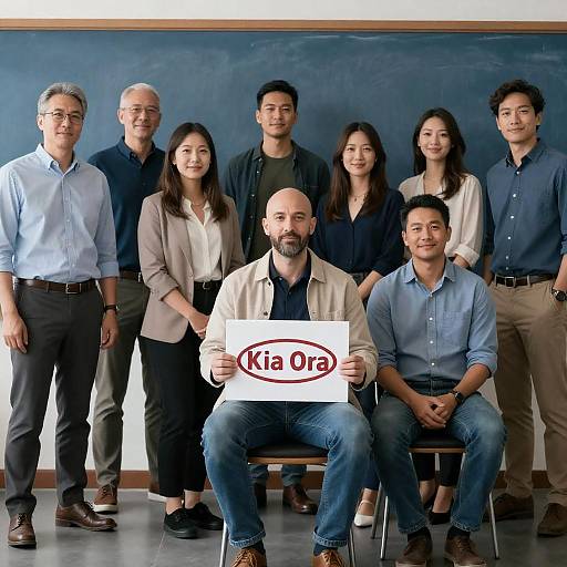 Group Portrait with Blue Chalkboard Background