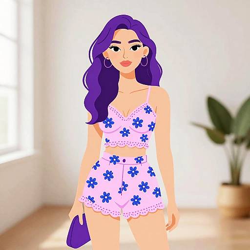 Digital illustration of a fair-skinned woman with long purple hair, wearing a white floral bralette and shorts, holding a purple clutch, standing in a