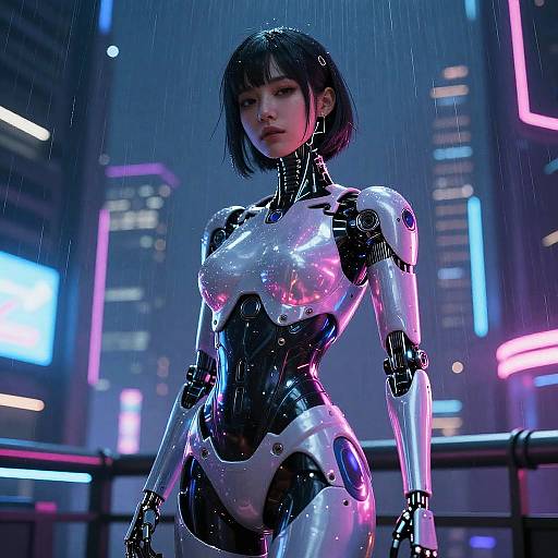 Cyberpunk CGI of a sleek, metallic, human-like female robot with black bob haircut, standing in rainy cityscape with neon lights.