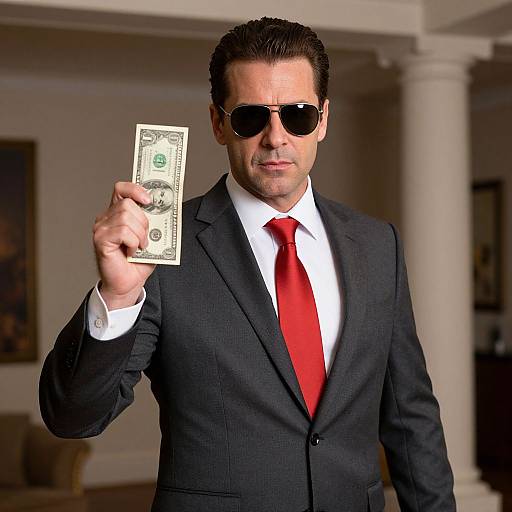 Photograph of a suave, dark-haired man in a black suit, red tie, white shirt, and sunglasses, holding a $100 bill,