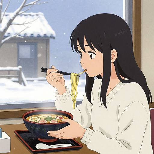 Anime-style drawing of a black-haired girl in a white sweater eating noodles with chopsticks, in a snowy windowed room.