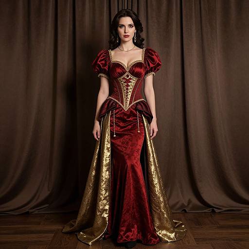 Photograph of a pale-skinned woman with black curly hair wearing a red velvet Renaissance-style gown with gold accents, standing against dark brown curtains.